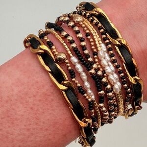 Gold, Pearl, Black Leather Bracelet Stack